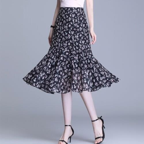 Chiffon Floral High Waisted Plus Size 4XL Fishtail Skrits for Women 2021 Summer Slim Casual Vintage Elegant Mid-long Skirt 0182