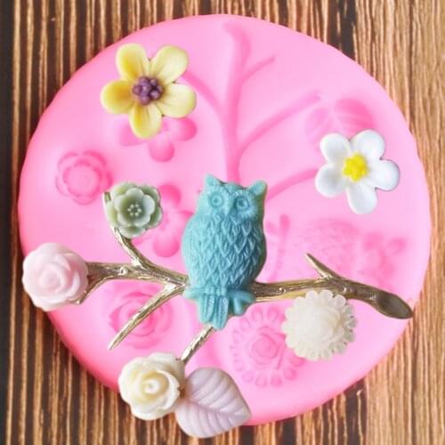 Rose Flower Jewelry Silicone Mold Owl On The Branch Fondant Molds Cake Decorating Tools Chocolate Candy Polymer Clay Mould