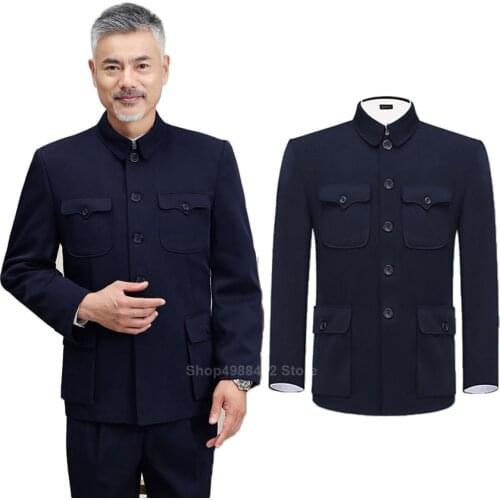 Traditional Chinese Tang Suit for Men Jacket Coat New Year Spring Festival Tunic Zhongshan Mao Suit Blazer Knitting Pockets Top