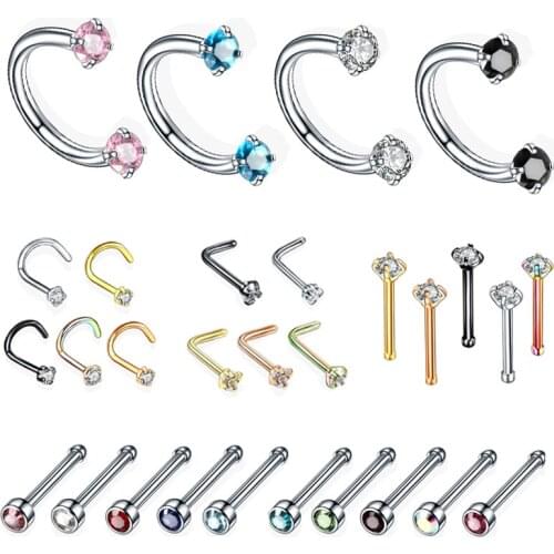 Utimtree 25PCS/lot Stainless Steel Ball Crystal Straight Screw Nose Stud Hooks Bar Pin Nose Rings Zircon Body Piercing Jewelry