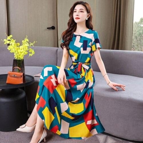 Boho Printed Cotton Linen Midi Dress Womens Summer Dress Casual O Neck Short Sleeve Belt Loose Large Size Beach Swing Sundress