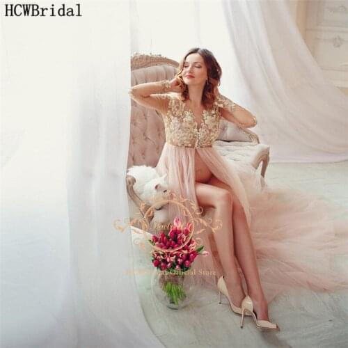 Blush Long Sleeves Tulle Pregnant Women Evening Dress V Neck High Slit Lace Formal Dresses Plus Size Gowns For Photo Shoot
