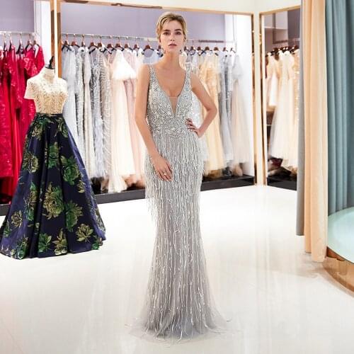 Jiayigong Silver Beading Mermaid Evening Dress Luxury Stones Sleeveless V Neck Prom Gown