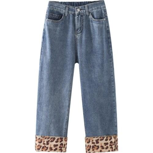 Women Wide Leg Jeans 2021 Spring Oversize Straight Pants Fashion Casual Female Denim Trousers Leopard Cuffs Plus Size Bottoms