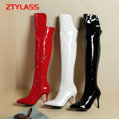 2021 New Autumn Winter Women Boots PU Leather Thin High Heel Knee High Boots Fashion Zipper Pointed Toe Lady Shoes Black Red