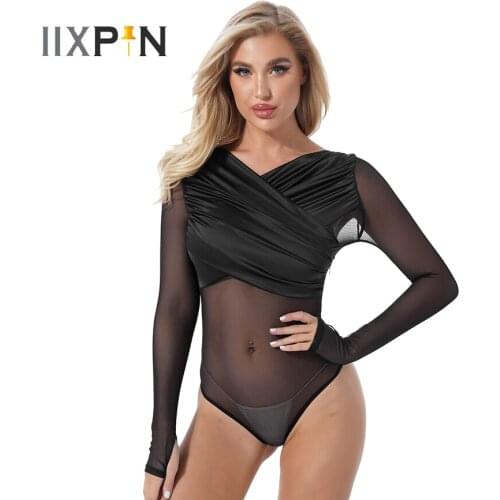 Womens Wetlook Leotard Jumpsuits Transparent Mesh Patchwork Long Sleeve Wrapped V Neck Bodycon Bodysuit Party Nightclub Costumes