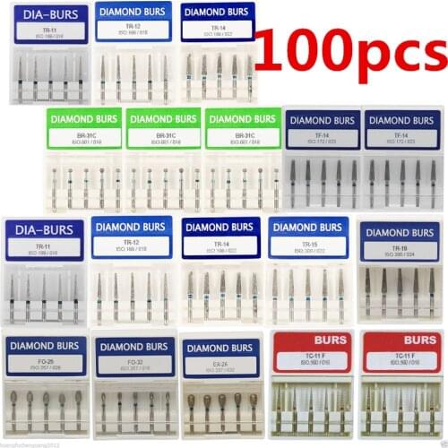 100 pcs Dental Diamond Burs Medium FG 1.6mm for High Speed Handpiece Turbine NEW