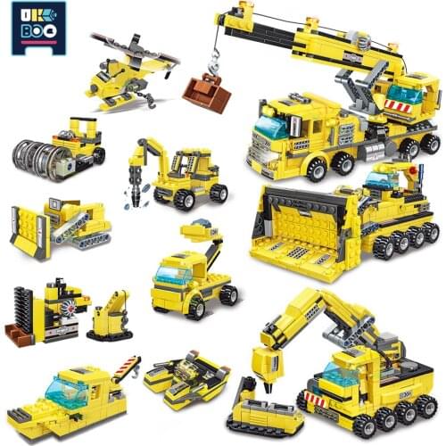 693pcs 8IN1 Urban Construction Engineering Team Building Blocks City Works Lifting Machine Bulldozer Driver Bricks Toys Children