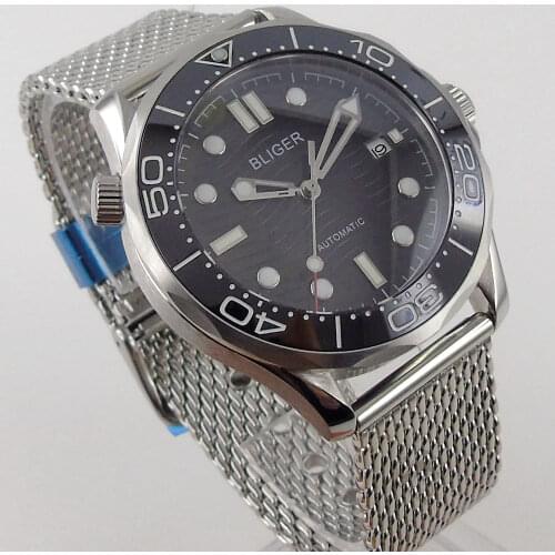 41mm Bliger Automatic Watch For Men Black Wave Dial Date Japan NH35 Miyota 8215 Mesh Strap Screw In Crown Sapphire Glass