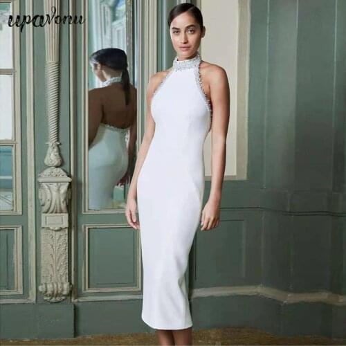 Free Shipping Fringe Diamond Bandage Dress Sexy Halter Sleeveless Bodycon Halter Club Party Dress 2021 Womens Summer Midi Dress