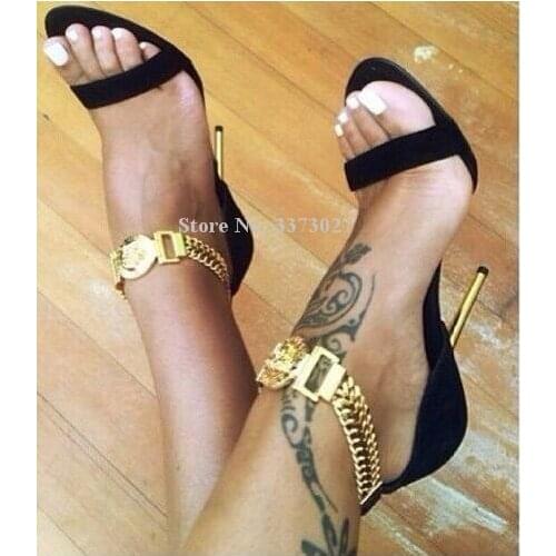 Black Suede Gold Ankle Chain Thin Heel Gladiator Sandals Ladies Stiletto Luxury Metal Heel Dress Sandals Fashion Party Heels