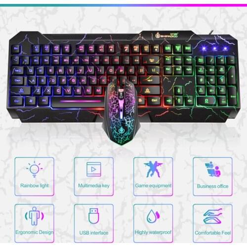 Gaming LED Wired Keyboard and Mouse Combo, 1600DPI USB Mouse Rainbow Backlit Mechanical Feeling Compatible with PC