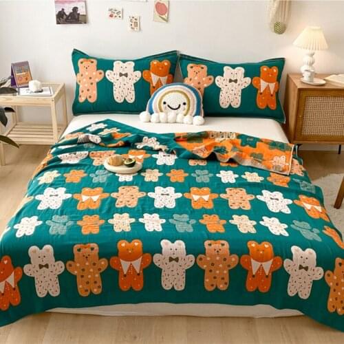 3pcs Childrens Blanket Summer Quilt Cartoon Bear Print Quilt Class A 4 Layers Of Cotton Gauze Sofa Bed Double Throw Blanket