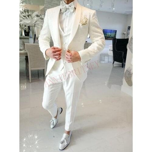 British style Ivory White Men Wedding Suit Slim Fit Jacquard Suits for Men Groom Tuxedo Jacket Pants Set Custom Made Men Blazer