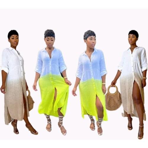 Summer Gradient Color Printing Women Shirt Dress Hot Style Turn-down Collar Single-breasted Split Straight Ankle-length Dresses