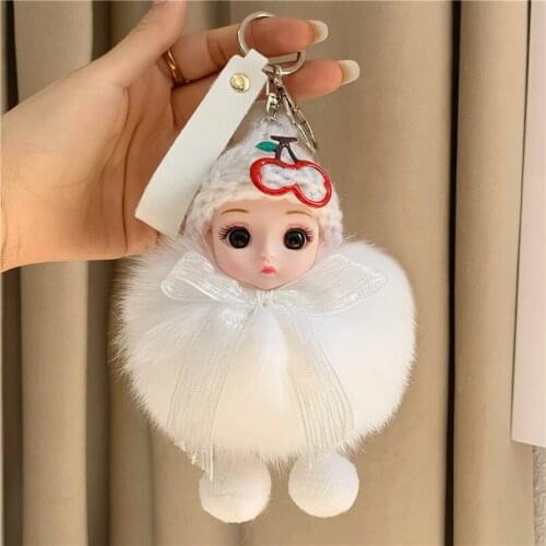 Cute Fluffy Baby Doll Girls Keychain Pompom Real Rex Rabbit Fur Ball Key Chain Car KeyRing Women Bag Pendant Charm Jewelery