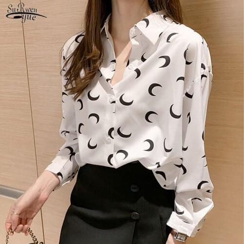Fashion Women Tops and Blouses Women Print Blouse White Long Sleeve Shirts 2021 Autumn Korean Loose Casual Clothing New 10428