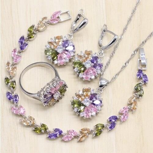Silver Color Jewelry S Multicolor Stones Cubic Zirconia Jewelry Sets For Women Earrings/Pendant/Necklace/Ring/Bracelet