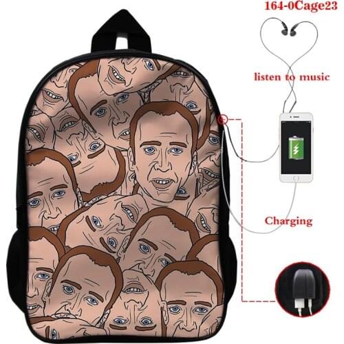 Nicolas Cage 3D Print USB Backpack Kids Student School Bags Bookbag Nicolas Cage Face Shoulder Travel Laptop Bags Men Mochila