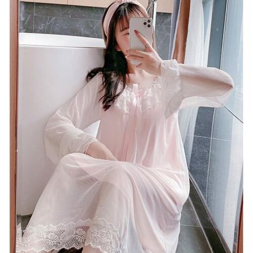 Sexy Chest Pad Spring Autumn Nightgowns Women Sweet Net Yarn Lace Sleepwear Long Sleeve Ladies Nightshirt Loose Night Dress
