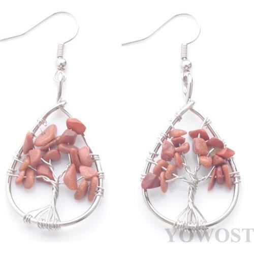 Wholesale 4 Pairs Gem Stone Golden Sand Earings Wire Wrapped Tree Of Life Teardrop Pendant Hook Earring Fashion Jewelry QR3457
