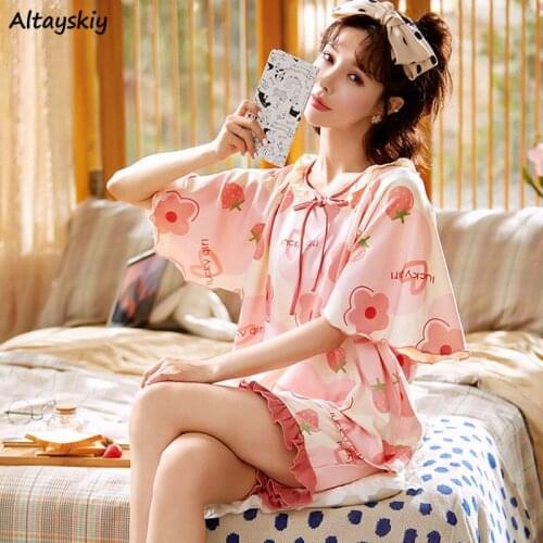 Pajama Sets Women Loose Casual Ulzzang Fashion Kawaii Pattern Printed Summer Two Piece Sleepwear Short Sleeve Lovely Ruffles Bow