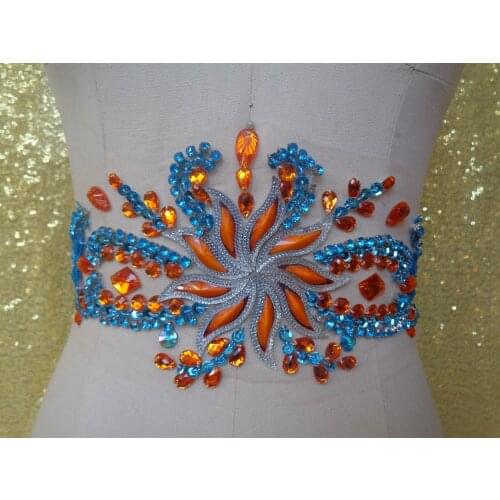 Orange/sky blue colour Handmade sew on rhinestones applique crystals trim patches 45*13m for dress DIY Manual accessories
