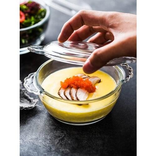 PASA Glass Bowl Transparent Tempered Mini Bowl Household Steam Eggs Heat-Resistant Bowl round with Lid