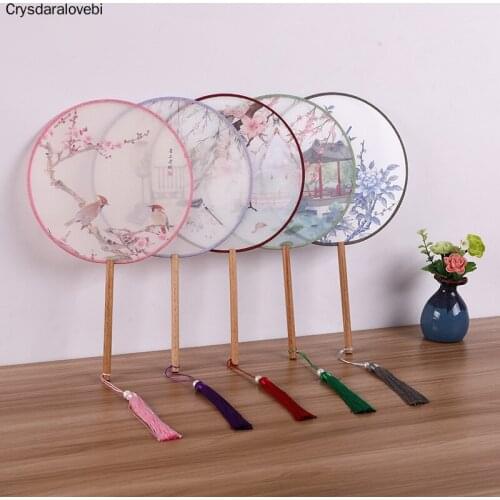 Silk Translucent Antique Round Printed Fan Chinese Style Hanfu Dancing Fan Womens Tassel Wooden Handle Handmade Palace Fan
