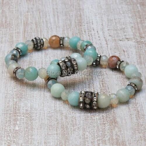Boho Chic Opal Beads And Amazonite Beaded Pave Rhinstone Stretch Bracelet