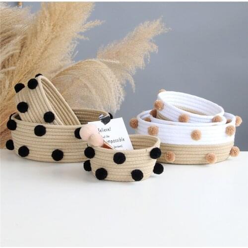 Nordic Woven Cotton Rope Storage Basket Baby Toys Dirty Clothes Laundry Baskets with Pompom Desktop Sundries Organizer Container