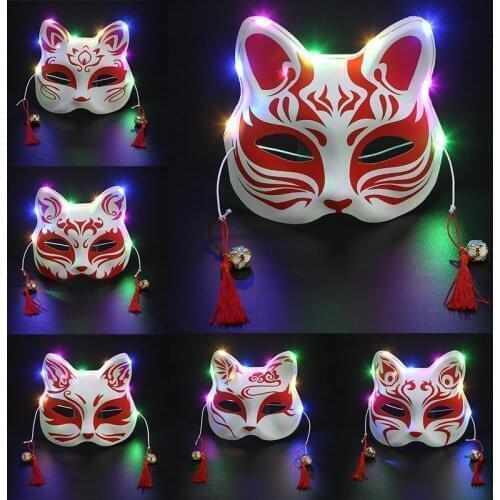 Japanese Animal Cat Luminous Half Face Mask with Tassels Small Bells Hand-Painted Cosplay Anime Masquerade Glowing Fox Mask
