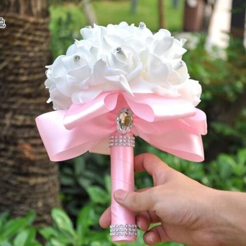 IN STOCK Cheapest PE Rose Bridesmaid Wedding Foam Flowers Rose Bridal Bouquet Ribbon Fake Wedding Bouquet De Noiva 8 Color