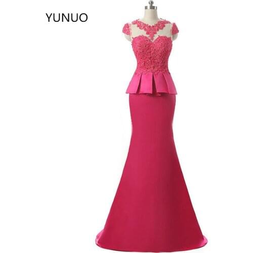 YUNUO Charming Appliques Beaded Prom Dresses 208 Short Sleeves Rose Red Mermaid Long Evening Party Dress Vestidos S7041401