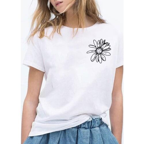 Daisy Flower Funny T Shirt Women Harajuku Tshirt Women Shrot Sleeve Loose Tee Shirt Femme Black White Tee Shirt Femme T-shirt