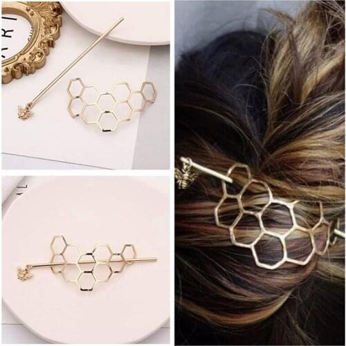 Honeycomb Hairpin Bee Hair Twist Hairwear Honeycomb Hair Fork Hairpins Hair Bun Cage Metal with Stick Jewelry Gift