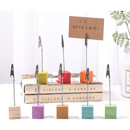 1pc Colorful Wooden Cube Memo Clip Metal Photocard Holder Office Photo Clamps Stand Message Card Holder Desk Decor Organizer