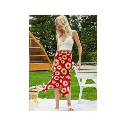 Women Skirt with Sunflower Print Ruffle Hem High Waist Design Droopy Summer Clothing