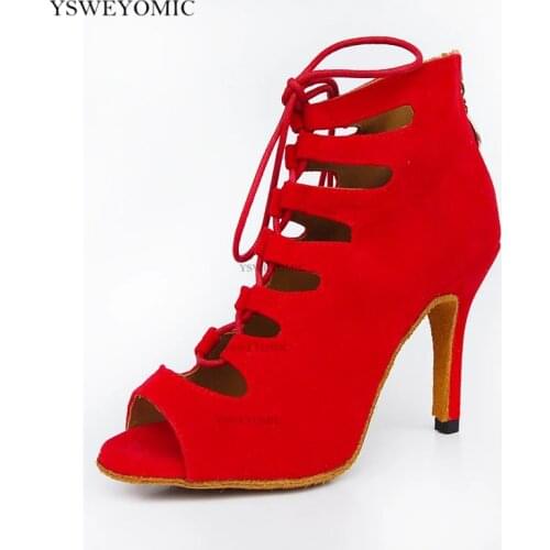 Women Latin Salsa Dance Shoes Red Color Customized Heel 3inch 9cm Suede Outsole Performance Ballroom Latin Salsa Dance Boots