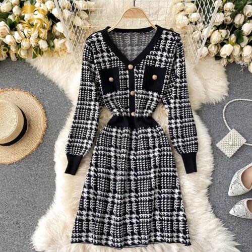 New Fashion Autumn Winter Dress Women Elegant Vintage Patchwork Plaid Dresses Ladies Runway A-Line Knitting Sweater Dress
