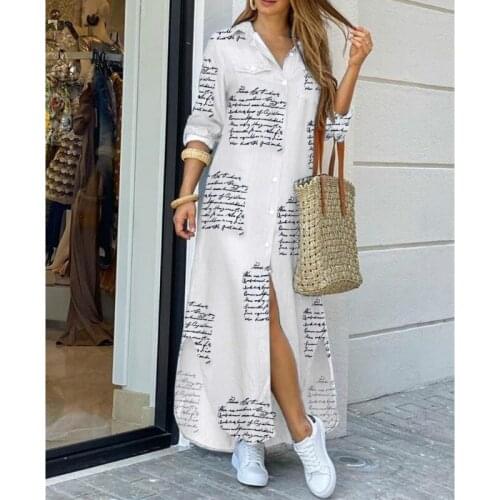 2020 Fashion Long Sleeve Shirt Dress Women Casual Loose Maxi Dress Print Button V-neck Party Dresses Female Autumn Clothes