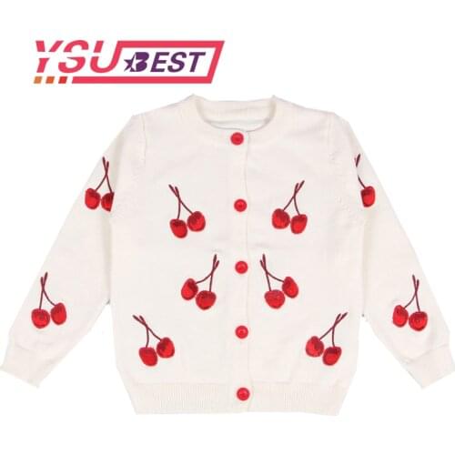 2020 Girls Knit Cardigan Sweater Spring Autumn Children Sweater Coat Baby Kid Cartoon Cherries Sweater Fashionable White Sweater