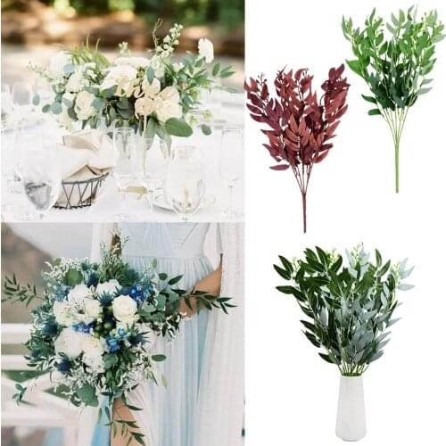 5 Forks Artificial Willow Leaves Green Fake Plants DIY Faux Bouquet Foliage Accessor for Home Wedding Forest Party Decoration