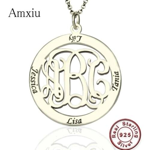 Amxiu Custom 925 Silver Round Pendant Necklace Engrave 1-3 Letter Initials and 4 Names Monogram Necklace For Women Mothers Gift