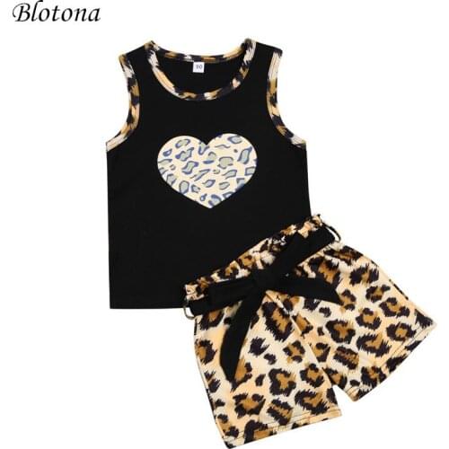 Blotona Baby Leopard Print Clothes Set, Girls Sleeveless O-neck Vest + Elastic Waist Short Pants for Summer 2-7Years