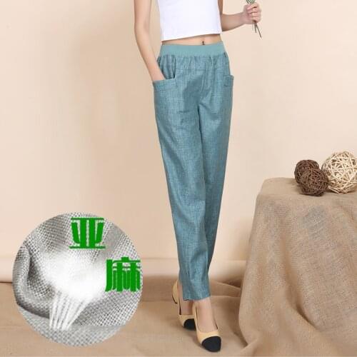 Spring and summer new cotton and linen elastic waist pants womens casual large size middle-aged mother with high waist nine pan