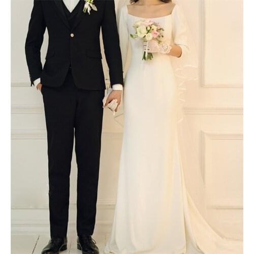 Square Neck French Style Sweep Train Wedding Dress Elegant Soft Satin Sheath Backless Bridal Gowns vestidos de mairee Wedding