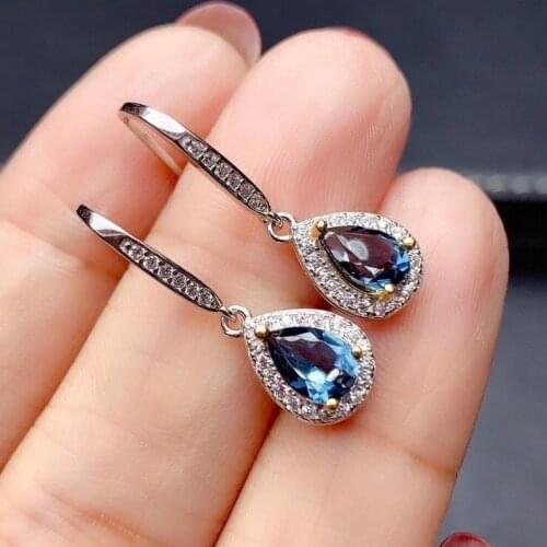 Elegant Drop Shape Created Created Dark London Blue natural Topaz Cubic Womans Silver Earrings