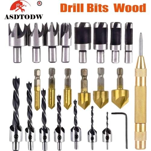 23-Pack Woodworking Chamfer Drilling Tool Countersink Drill Bits Wood Plug cutter and Automatic
