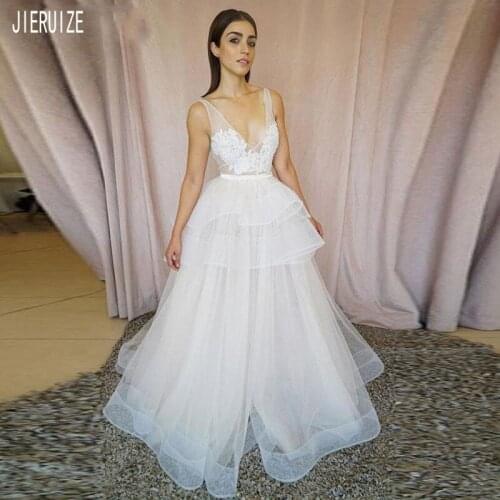 JIERUIZE Modest Boho Wedding Dresses Deep V Neck Backless Appliques Organza Bridal Gowns Tiered Wedding Gowns robe de mariee
